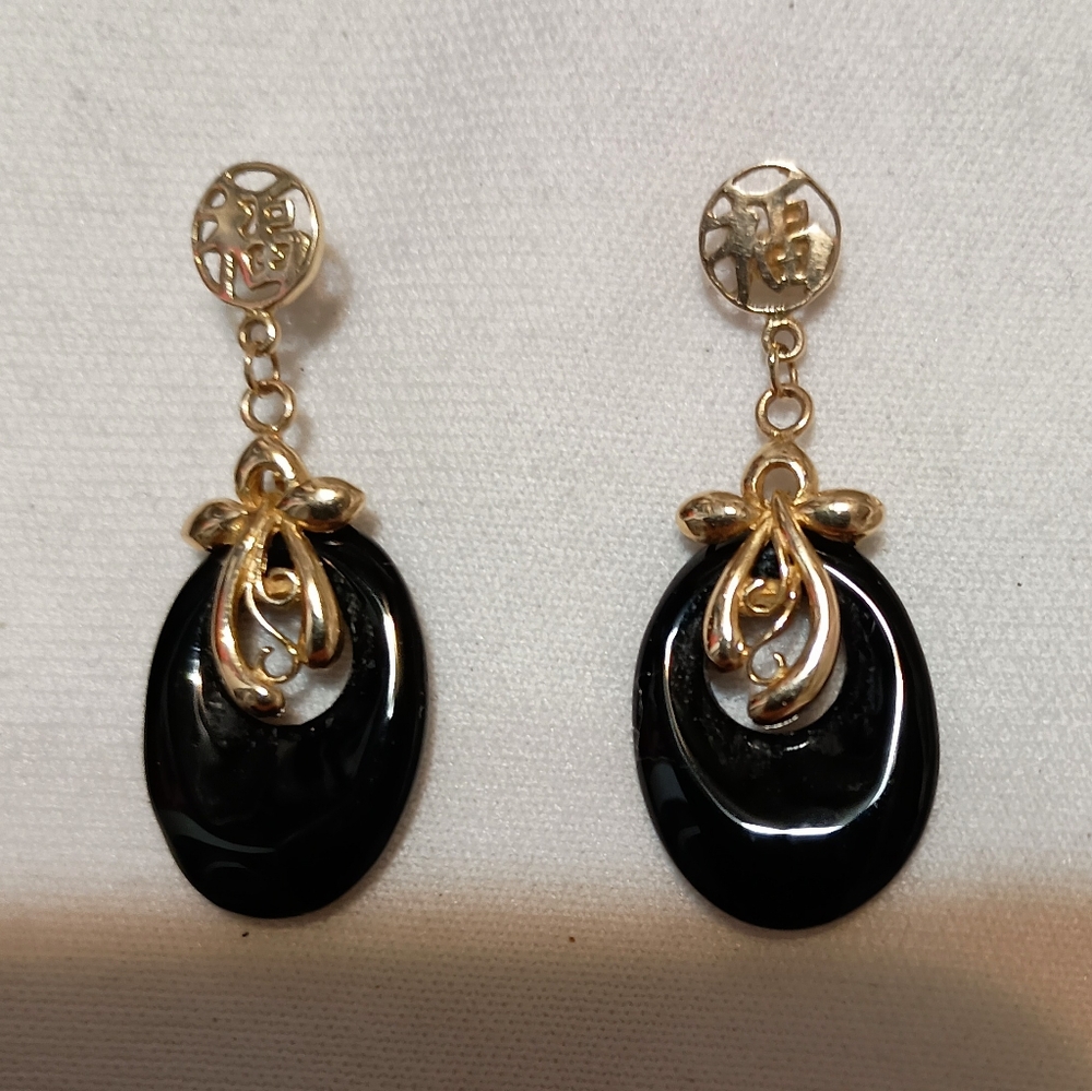 Onyx & Gold Earrings Good Luck